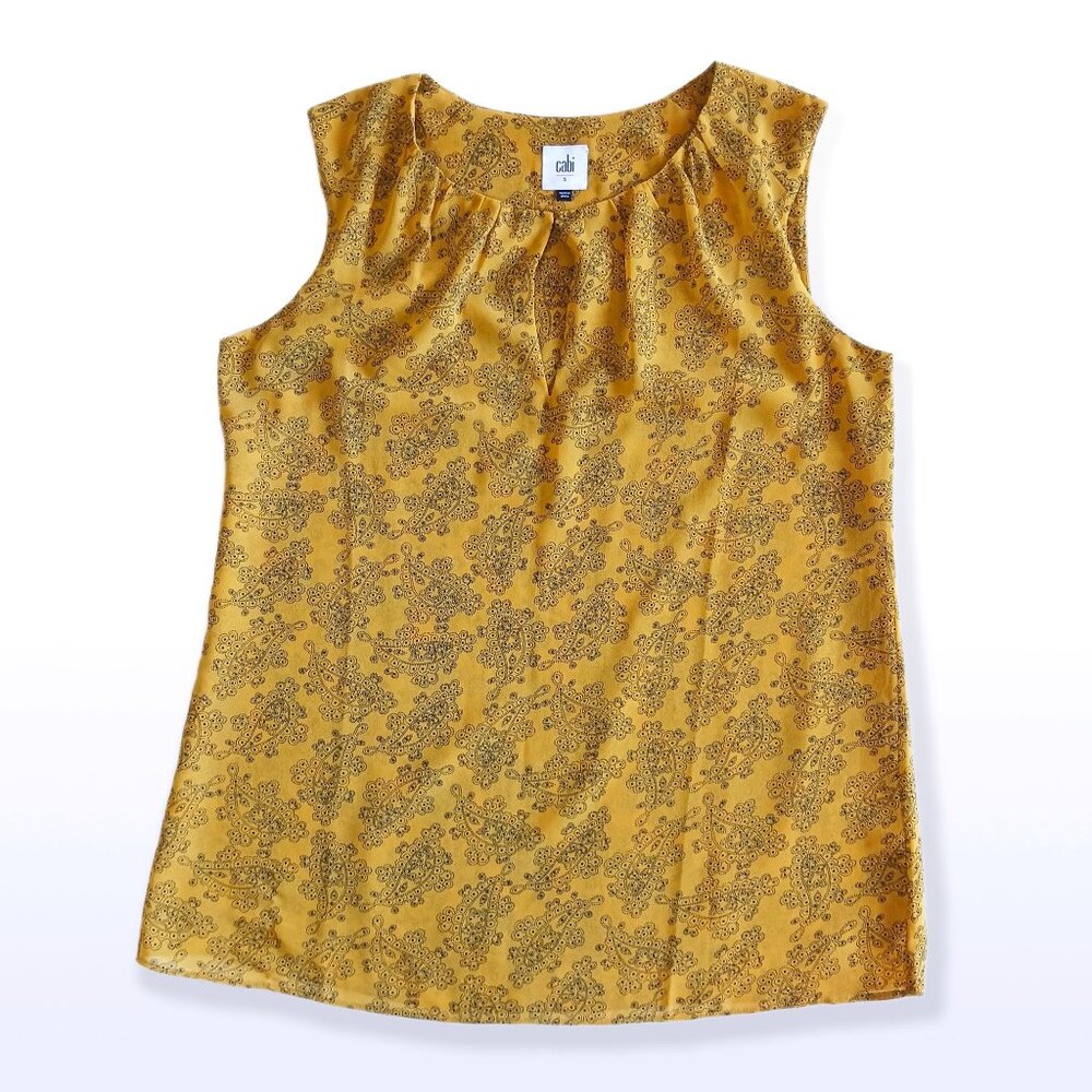CAbi Sleeveless Blouse Mustard w Black Paisley Keyhole Pleated Neckline Sz S